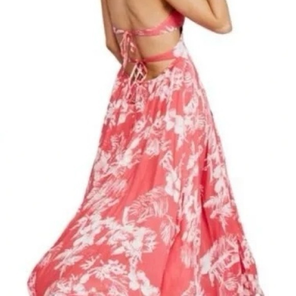 Free People Lille Maxi Halter Dress Red Raspberry Floral Cotton Size M - Picture 4 of 8
